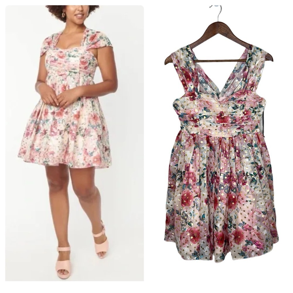 Unique Vintage Pink Floral & Gold Dots Heart & Soul Babydoll Dress